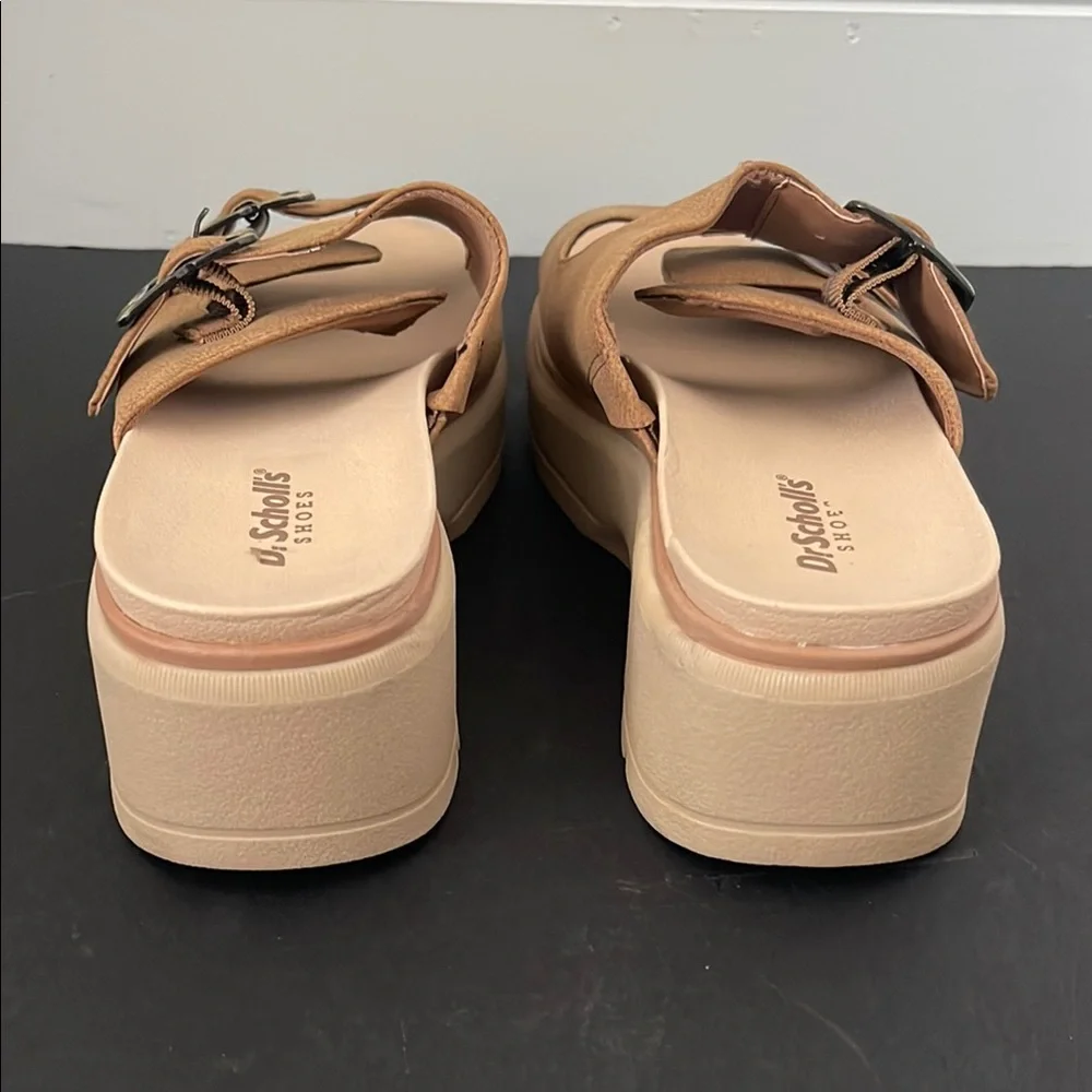 Dr. Scholl’s Tan Brown Casual Platform Slide Sandals w Buckle Straps, Size 6.5M